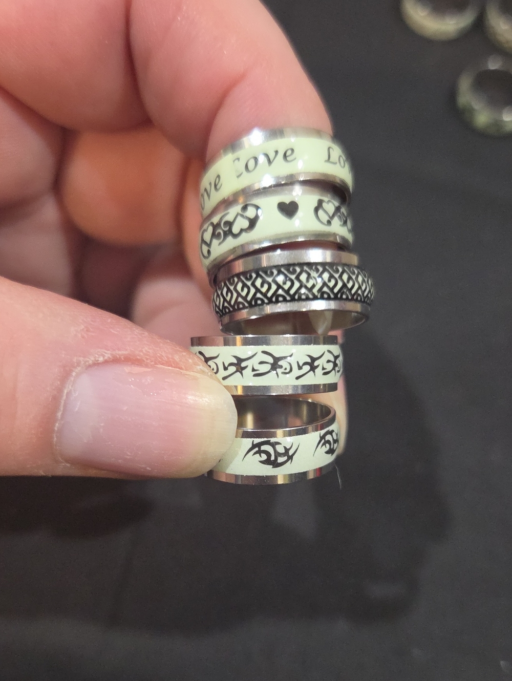 SET OF 5 RINGS - GLOW IN THE DARK - STAINLESS STEEL